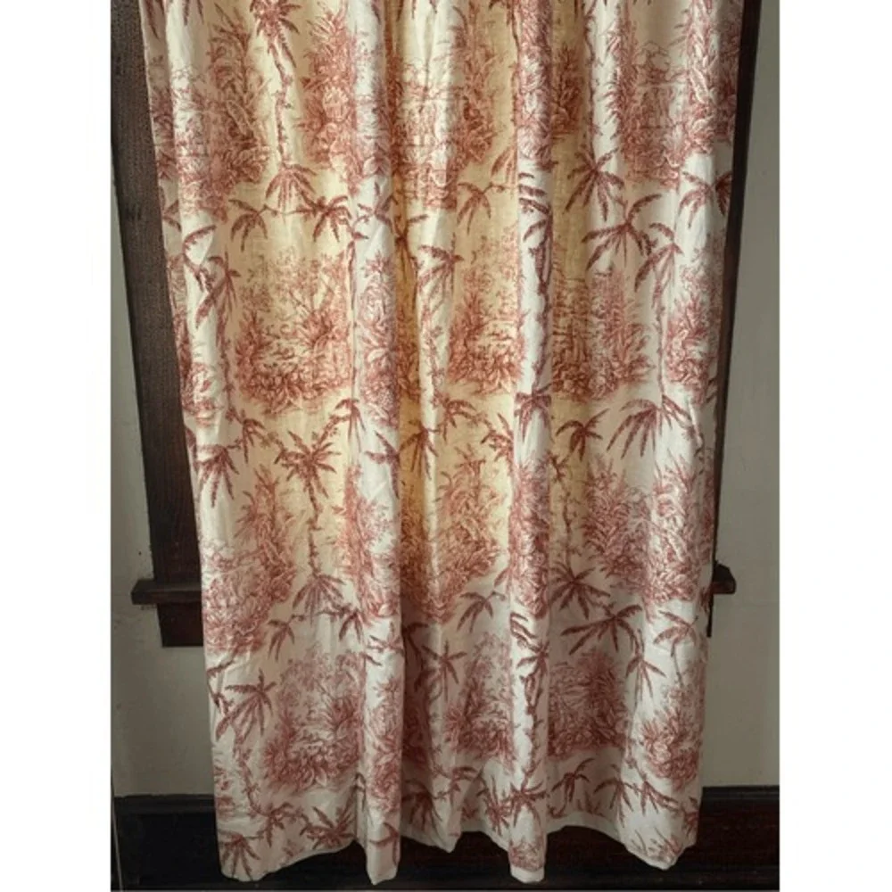 Vintage Red Toile Palm Tree Cotton Pinch Pleat Heavy Curtain Panels Pair 82 In